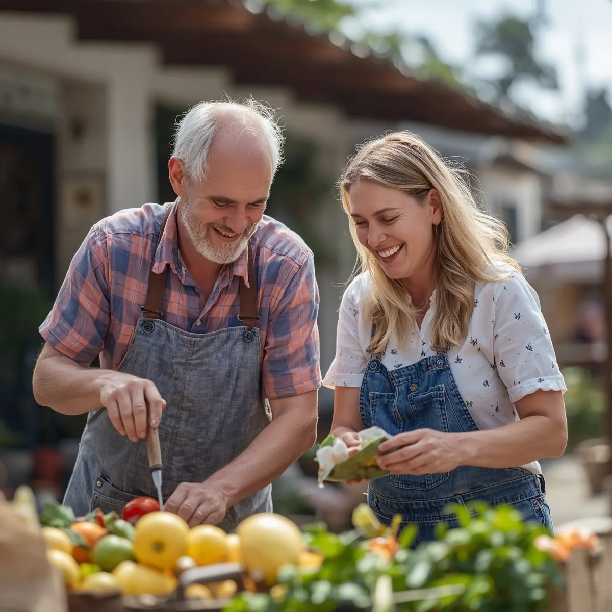 A smiling man and woman in aprons sorting fresh produce together at an outdoor market
